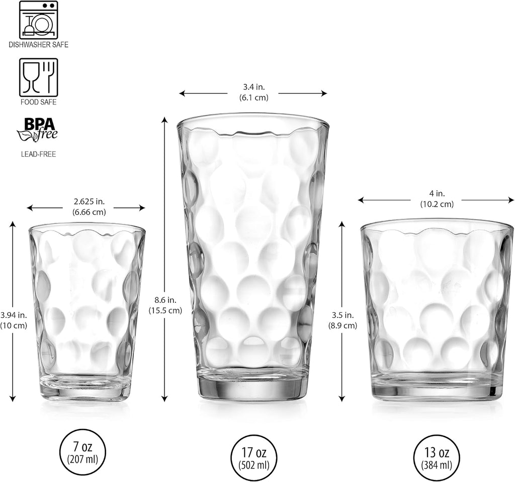 Glassware Set 18 Piece Mixed Drinkware Set. 6 Highball Tumblers-17 oz., 6 Rock Whiskey-13 oz., and 6 Juice-7 oz. All