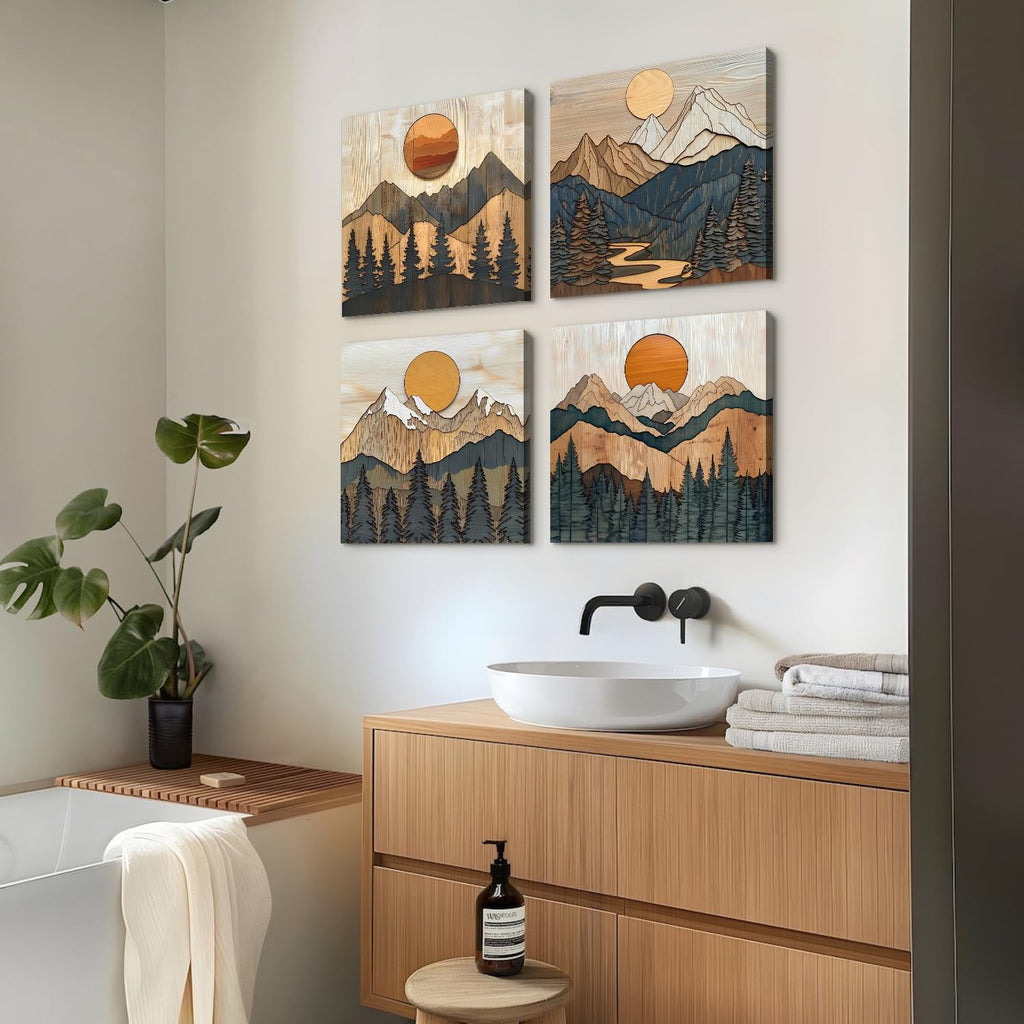 Boho Mountain Wall Art Mid Century Modern Decor Sunset Forest Landscape Canvas Prints Abstract Pine Trees Wall