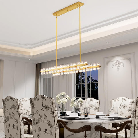 Gold Rectangular Crystal Chandelier Light Fixture 53.4 in Dining Room Chandelier Over Table Modern Farmhouse Ceiling Pendant Hanging Light Fixture for Living Room, Kitchen Island (Bulb not Included) A117-B0DG2MXBPD