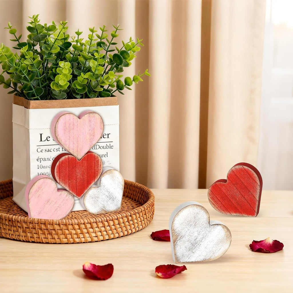 Wooden Valentine's Day Hearts Decorations Indoor, Wood Heart Blocks Tiered Tray Decor, Red Pink White - Set of 6