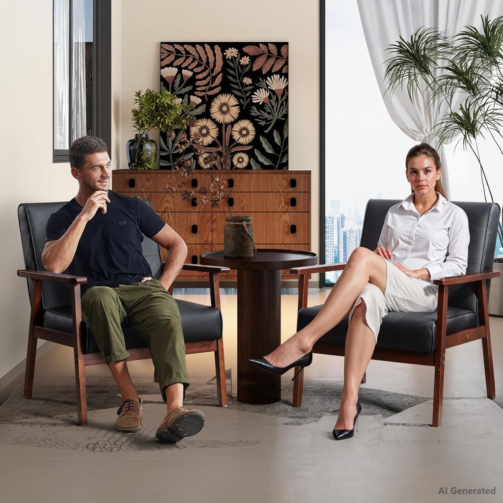 Black Leather Accent Chair, Waiting Chair with Wooden Arms