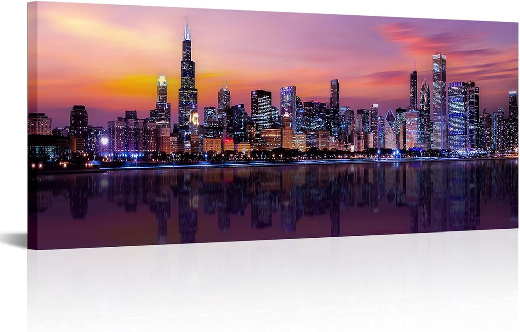 Large Chicago Canvas Modern City Skyline Wall Art Downtown Night Picture Prints Ready To Hang 20"X48"