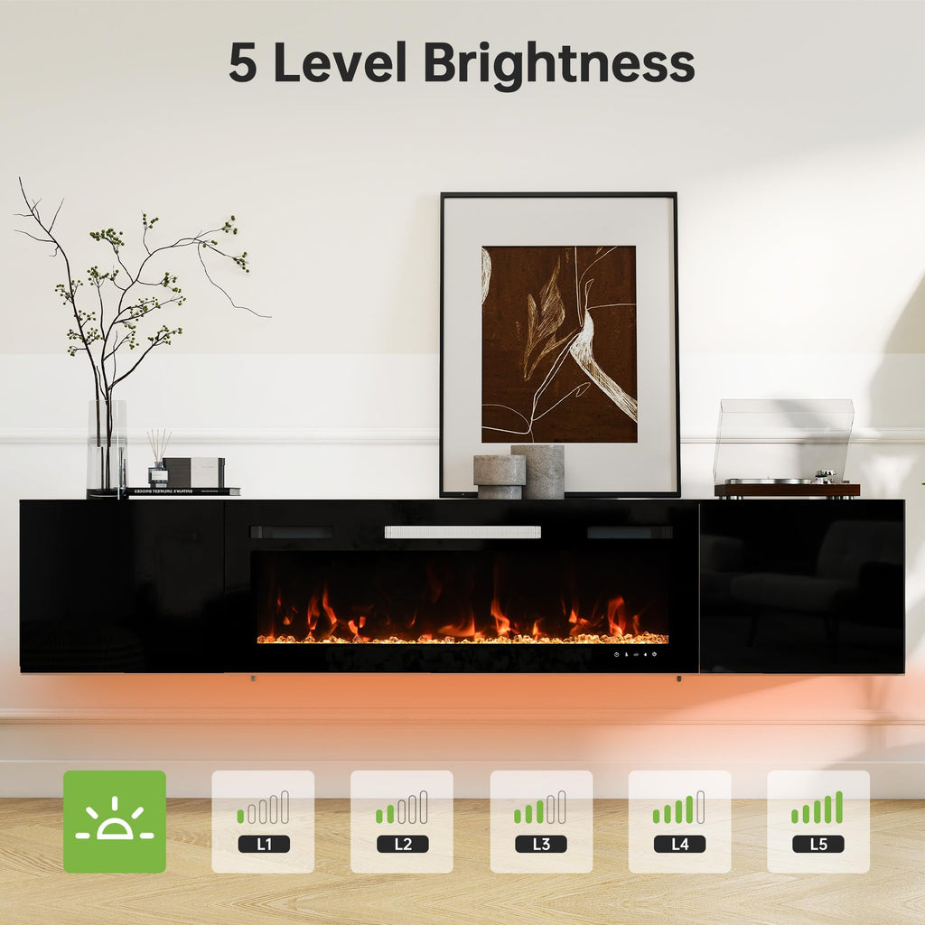 80" Floating TV Stand with 40" Electric Fireplace, All Black