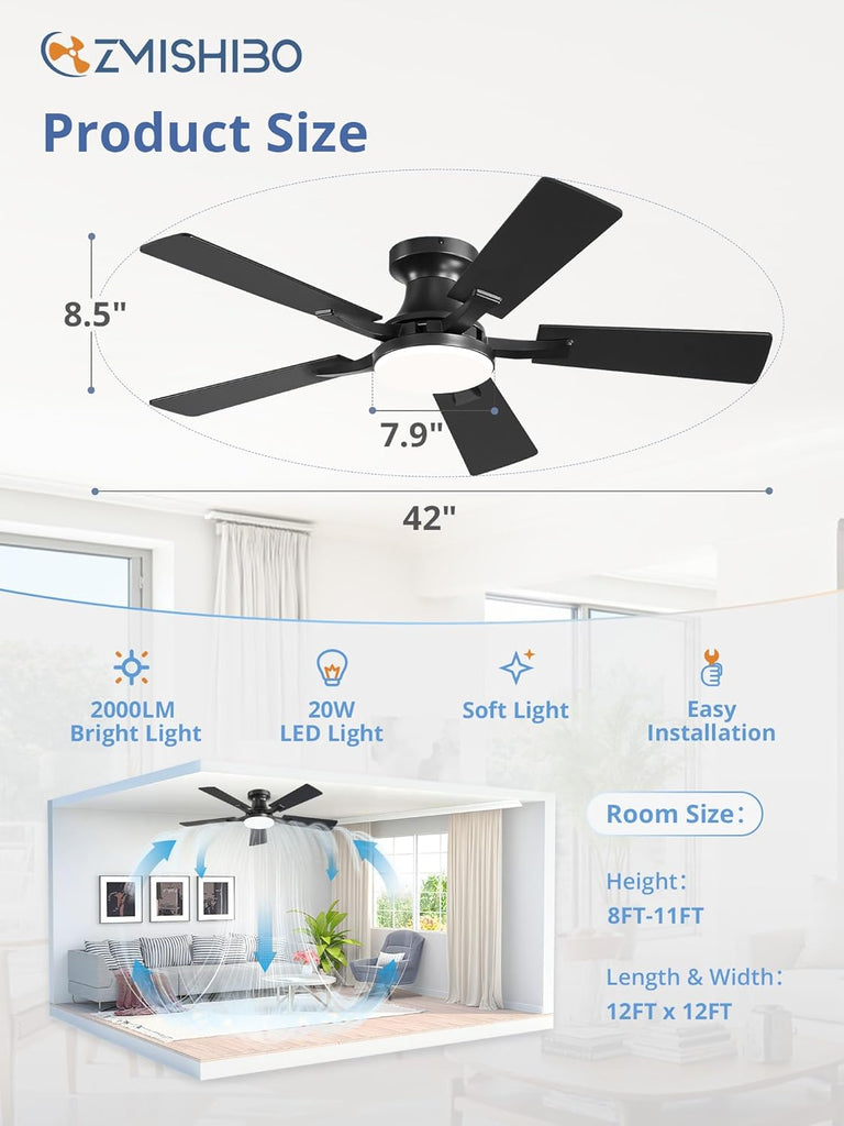 42 Inch Ceiling Fan with Light, App&Remote Control, Flush Mount Low Profile, Dimmable 20W LED Light, Quiet Reversible Motor for Bedroom, Living Room, Apartment, Black A101-B0F8B7CFP5