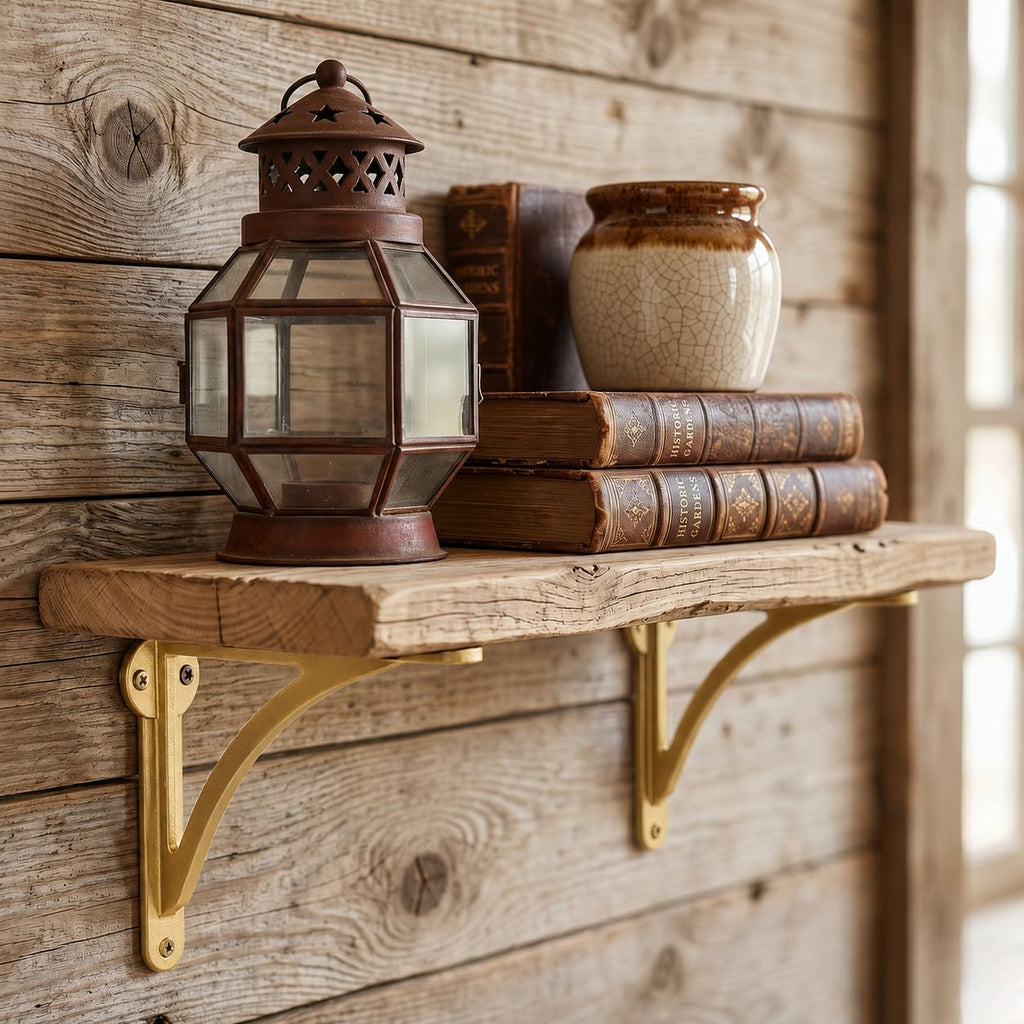 100% Solid Brass Decorative Shelf Brackets, 7-inch Wall-Mounted Shelving Brackets, 2-Pack Antique Gold Vintage Metal