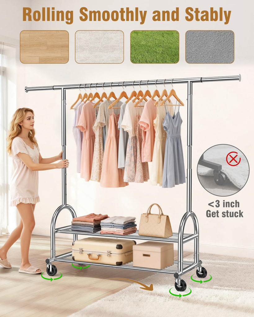 Rolling Clothes Rack Heavy Duty Clothing Rack with 2 Shelves, Silver