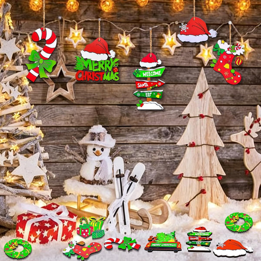 Christmas Tree Decorations Set, Wooden Christmas Ornaments Bulk - Set of 12