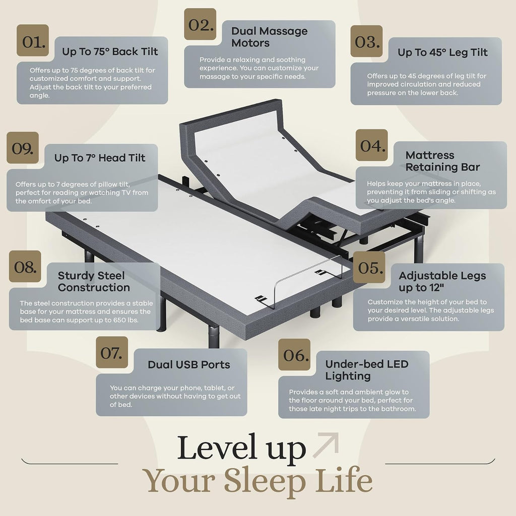 Harmony Adjustable Bed Base, Head and Foot Lift, Massage, Under-Bed Lights, USB, Memory, Zero Gravity Smart Frame