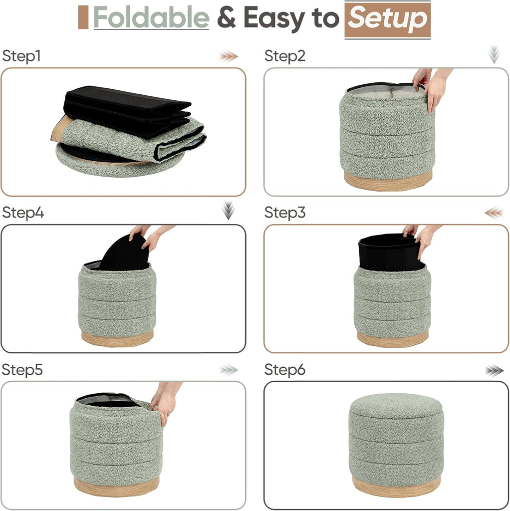 Round Storage Ottoman with Reversible Tray Lid, Folding Chenille Fabric Footrest with Hidden Storage, 15.4" Footstool