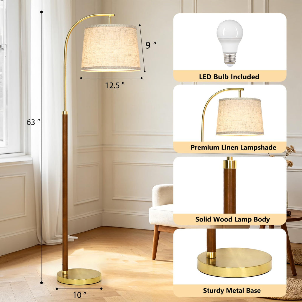 Wood Arc Floor Lamp, 63" Tall Mid Century Modern Standing Lamp with Foot Switch & 3 Color Temperatures, Vintage Floor