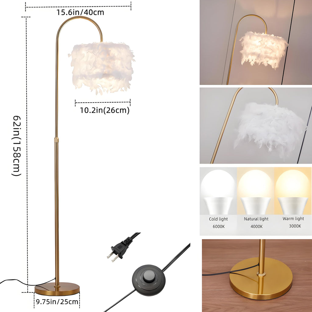 Arc Feather Floor Lamp, Gold Modern LED Feather Standing Lamp, Natural Feather Decorative Tall Lamp with Foot Switch