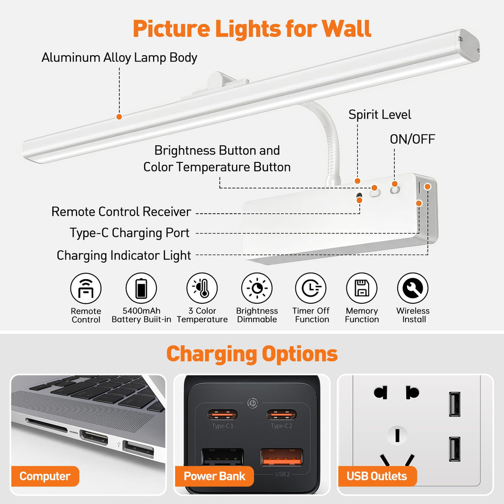Picture Light, 15.35inch Wireless Picture Lights for Wall Rechargeable, Battery Lights for Pictures on Wall, 3 Color