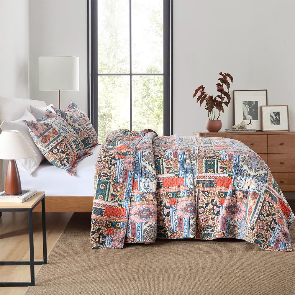 Cotton Bedspread Bohemain Quilt Sets, Reversible Coverlet Lightweight Comforters with 2 Shams, Vintage Farmhouse