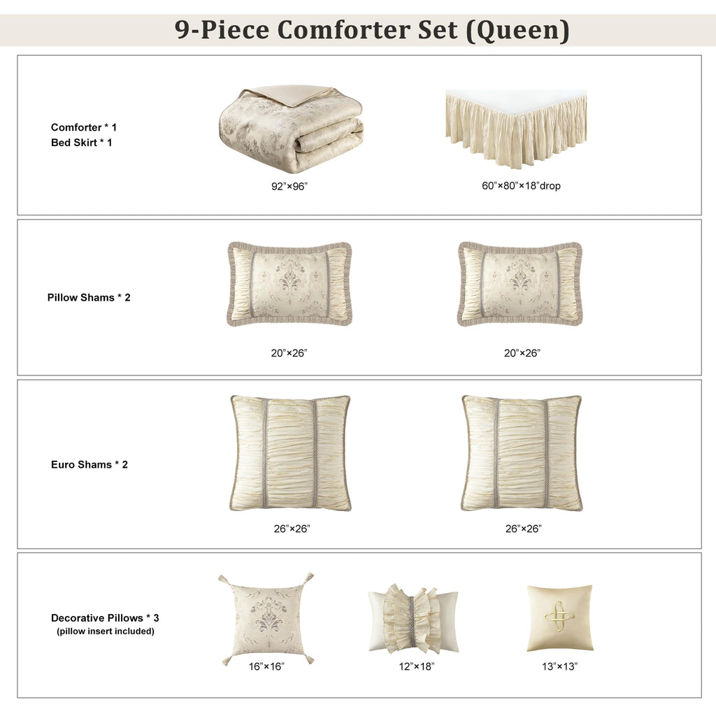 9 Piece Jacquard Comforter Set Floral Design, Queen