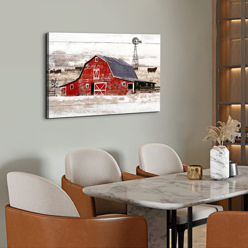 Red Old Barn Wall Art Country Windmill Wall Decor Rustic Farmhouse Landscape Picture Canvas Prints Kitchen, Vintage
