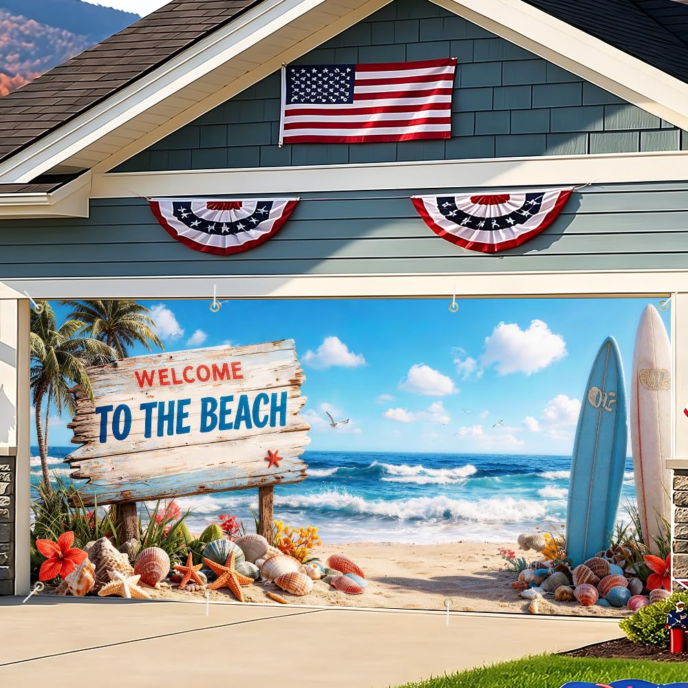 Beach Welcome Sign Garage Door Banner 6x13FT, Summer Coastal Cover Backdrop