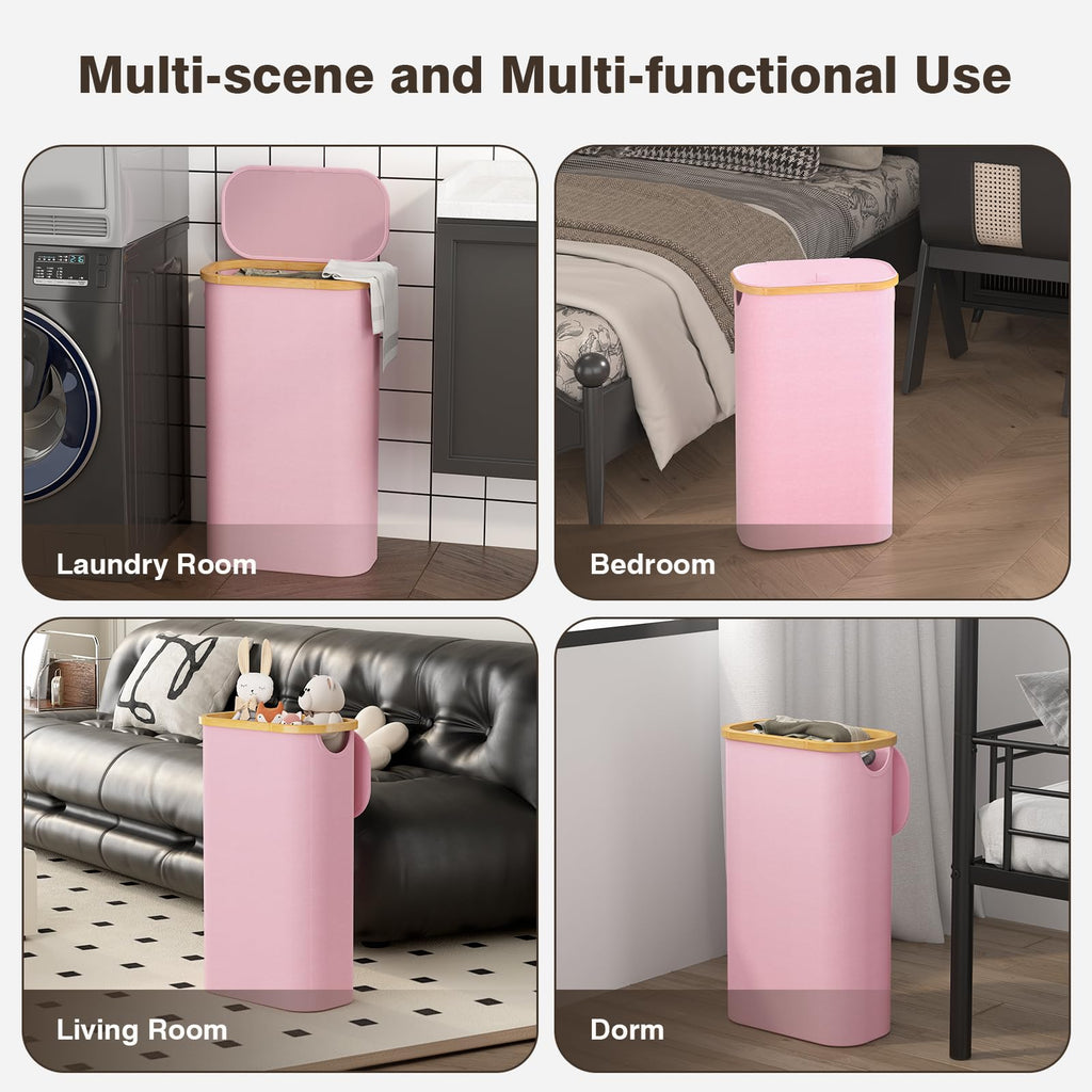 Slim Laundry Hamper with Lid, 75L Small Laundry Basket, Pink