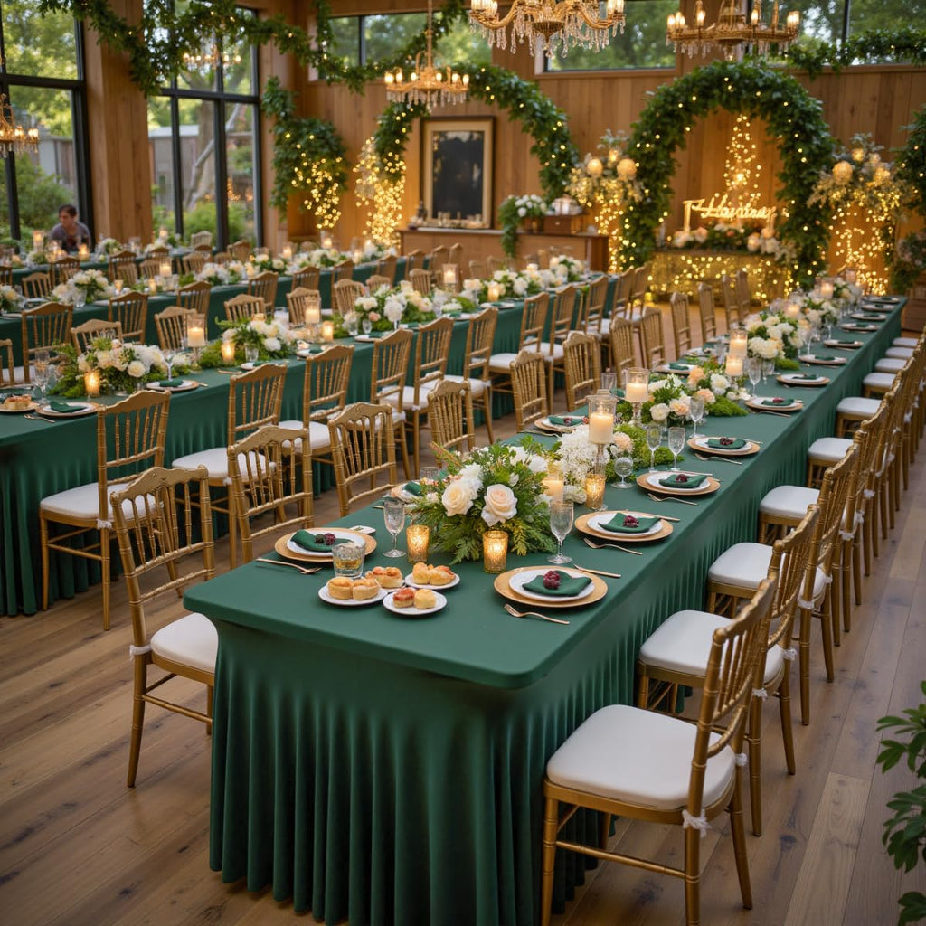 Hunter Green Spandex Table Clothes for 8 Foot Rectangle Tables, 2 Pack Wrinkle Free Rectangle Table Cloth 8ft Stretch