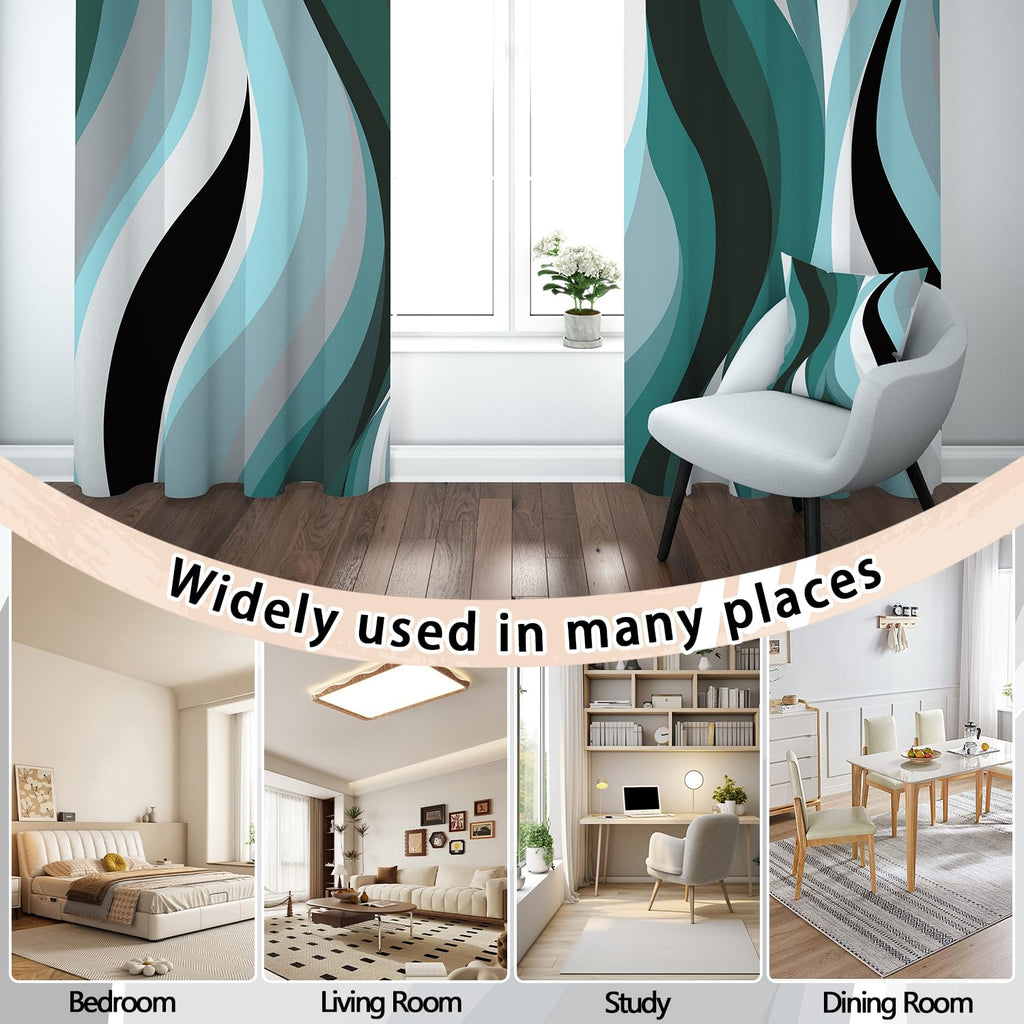 Teal White Abstract Blackout Curtain, Stripe Black White Gray Aesthetic Art Window Curtains Living Room Bedroom Decor