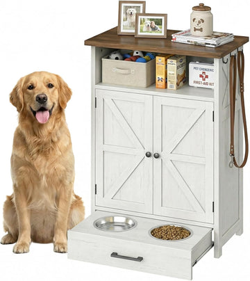 Dog Feeding Station with Storage, Rustic Barn Door Dog Food Cabinet with Pull-Out Stainless Steel Bowls, Pet Feeding
