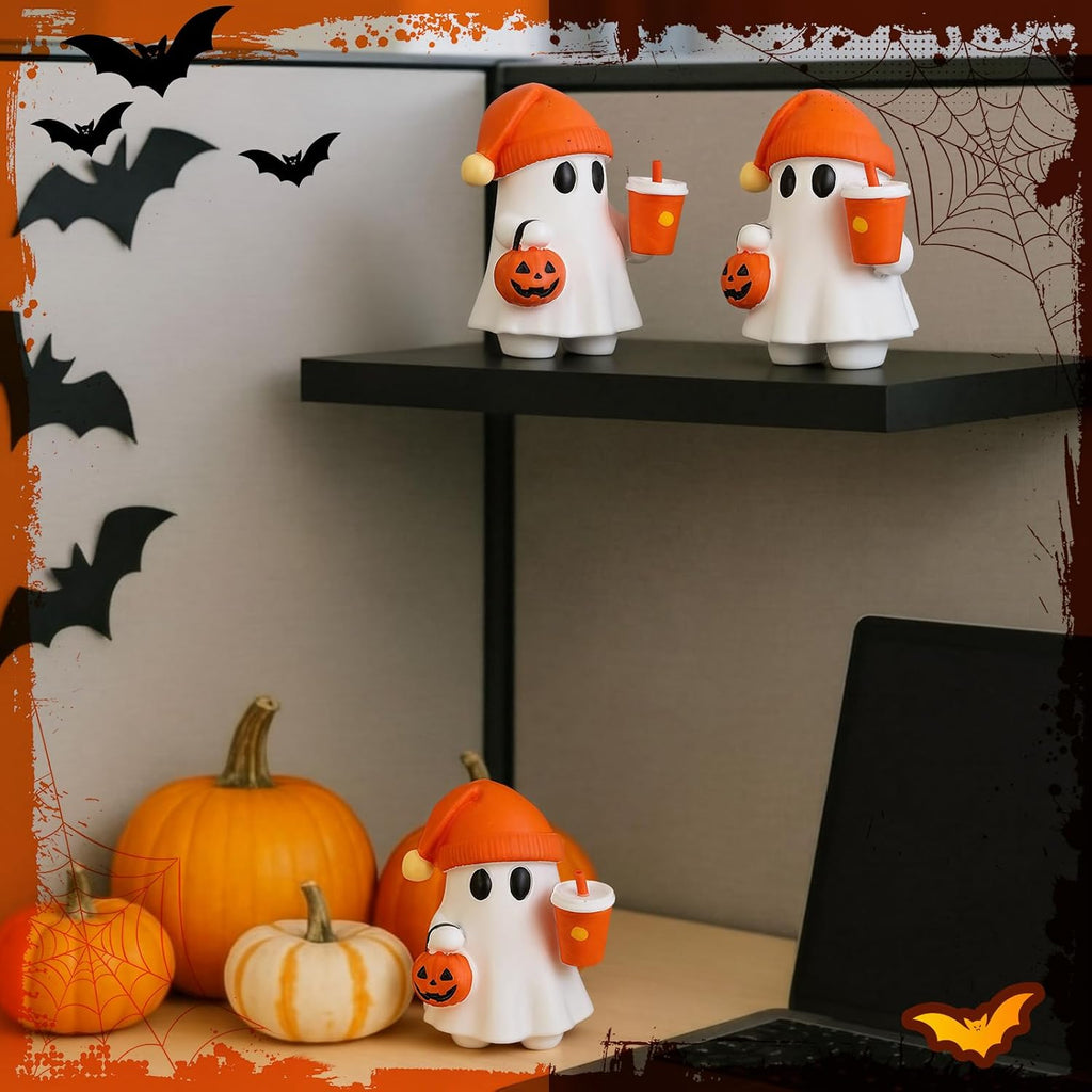 Cute Halloween Ghost Figurine with Pumpkin Bucket and Orange Drink