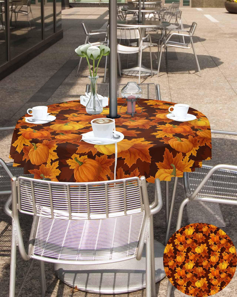 Thanksgiving Outdoor Tablecloths with Umbrella Hole and Zipper, Fall Pumpkin Maple Leaves Orange Yellow Brown