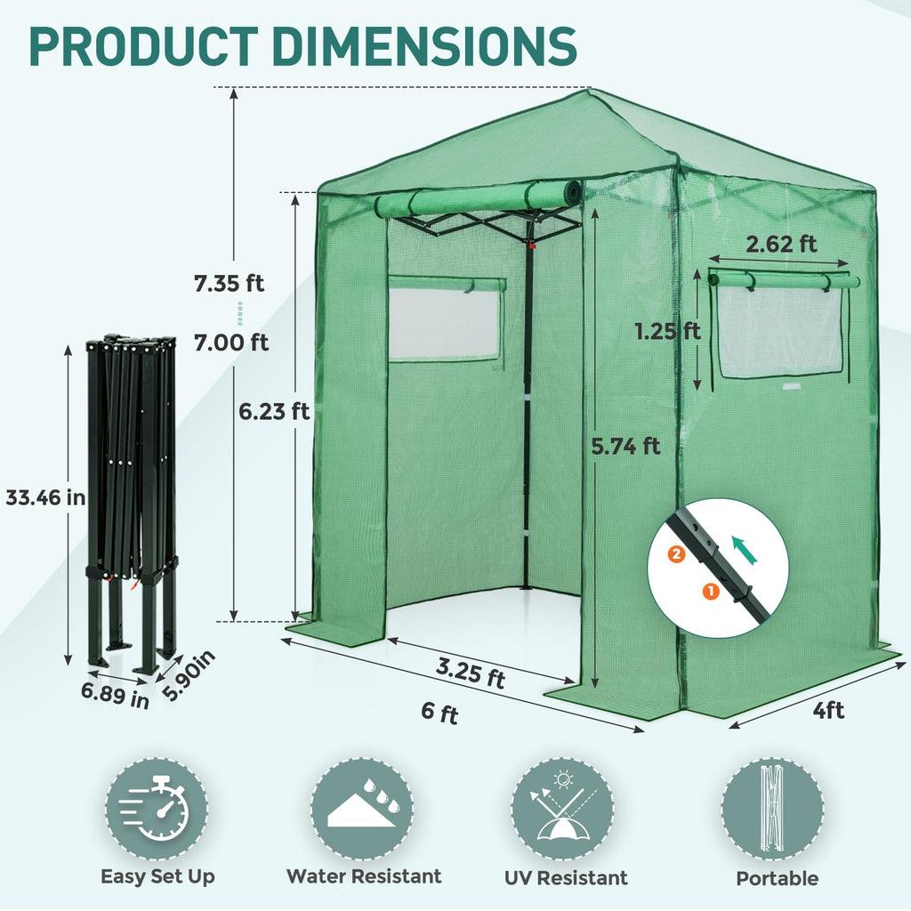 6x4 Easy Setup Small Pop Up Greenhouse, Clear/Green
