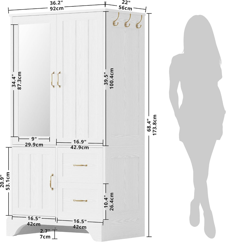 Armoire Wardrobe with Mirror, 3-Door Hanging Rod & Drawers | 3-door armoire with mirror. Hanging rod, 2 drawers, 4