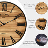 24 Inch Farmhouse Wall Clock - Antique Rustic Wood Finish, Silent Battery-Operated Timepiece with Stylish Decor