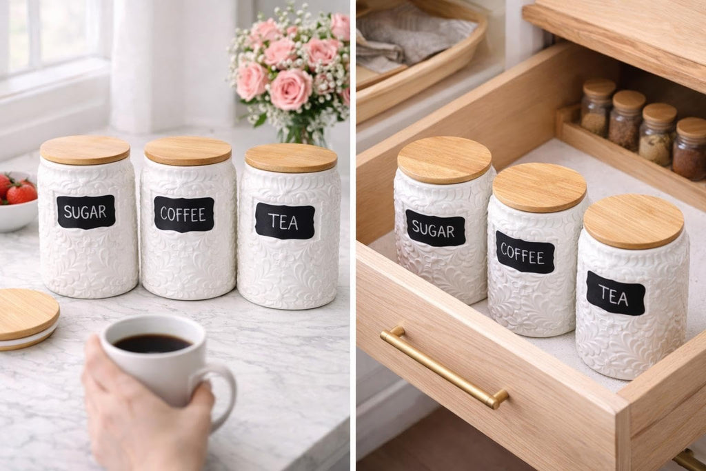 Ceramic Canister for the Kitchen (52oz/1537ml) - Airtight Kitchen Counter Storage with Bamboo Lids, Decorative Flour