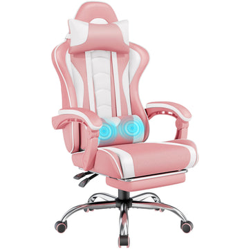 Gaming Chair with Footrest Massage Lumbar Pillow Pink and White