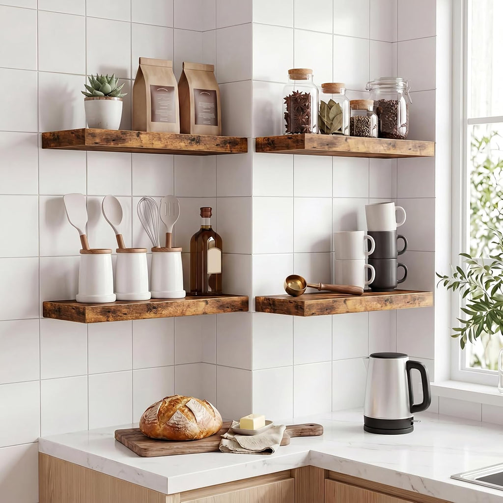 Floating Shelves for Wall Decor (Rustic Brown, Set of 4, 15.7 Inch) | MDF Shelves with Metal Brackets, Space Saving