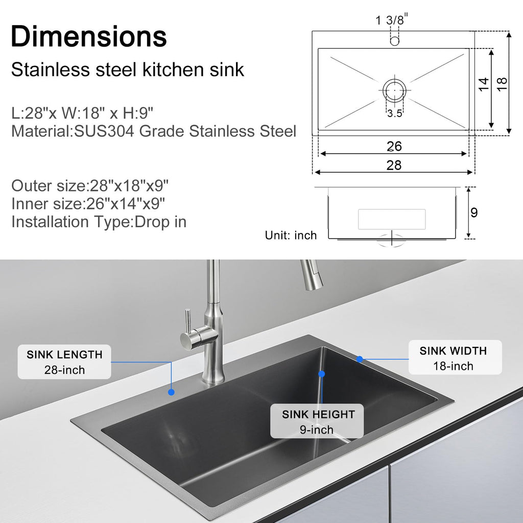 28"x18" Drop in Single Bowl Black Steel 9" Deep