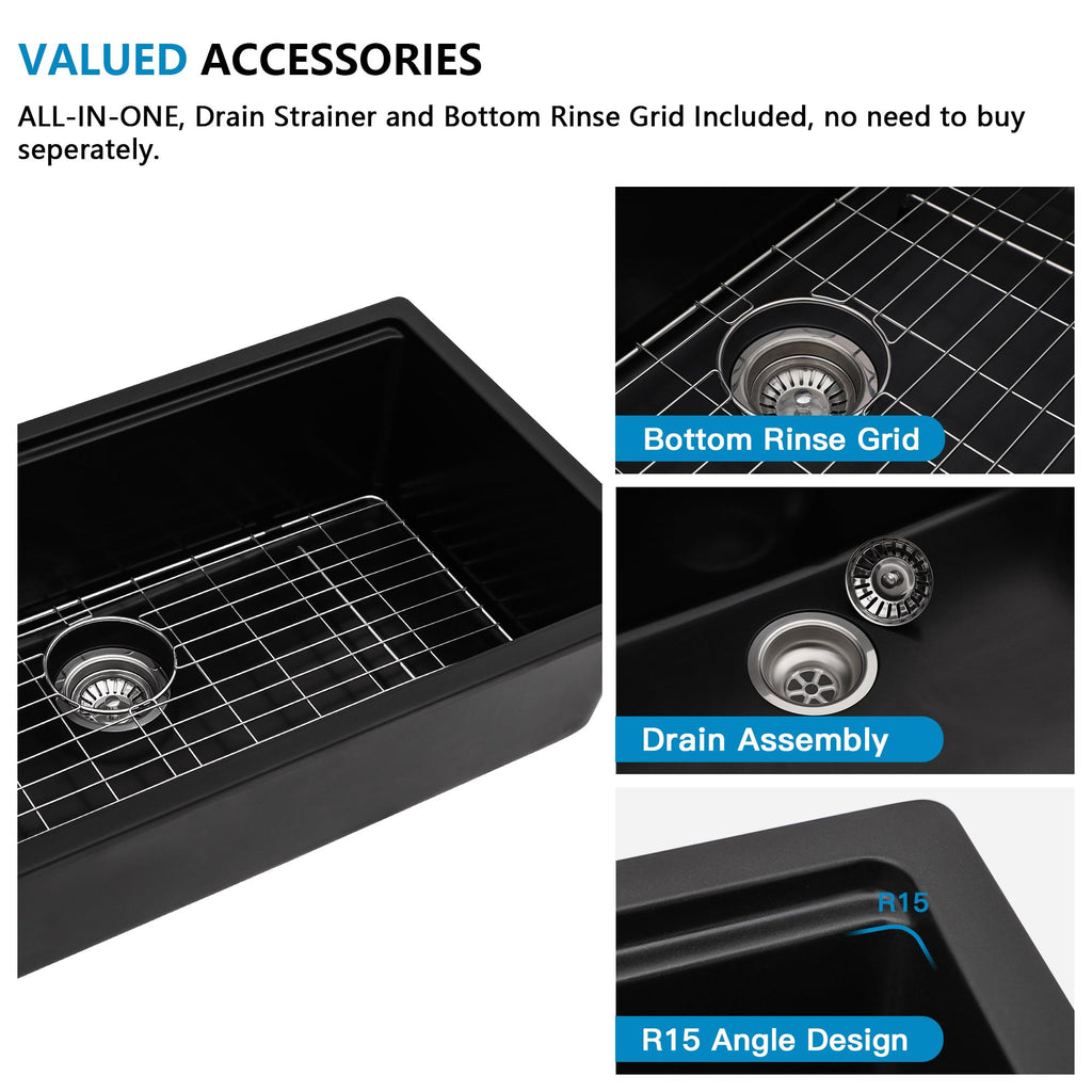 33"x19" Granite Composite - Undermount Ledge Workstation Matte Black Granite Quartz Classic Under Counter Single Bowl