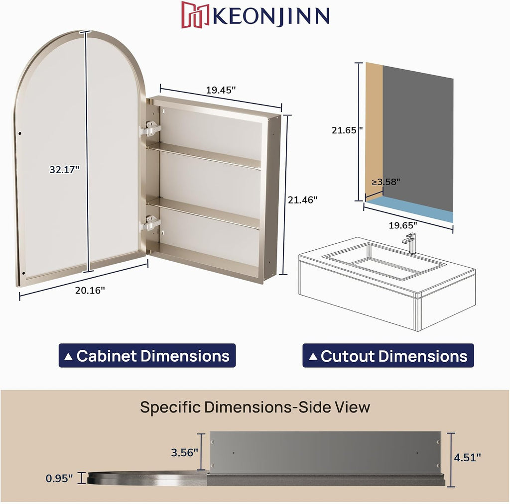 Arched Medicine Cabinet with Mirror 20" x 32", Brushed Nickel | Assembly Required, Surface Mount Medicine Cabinet
