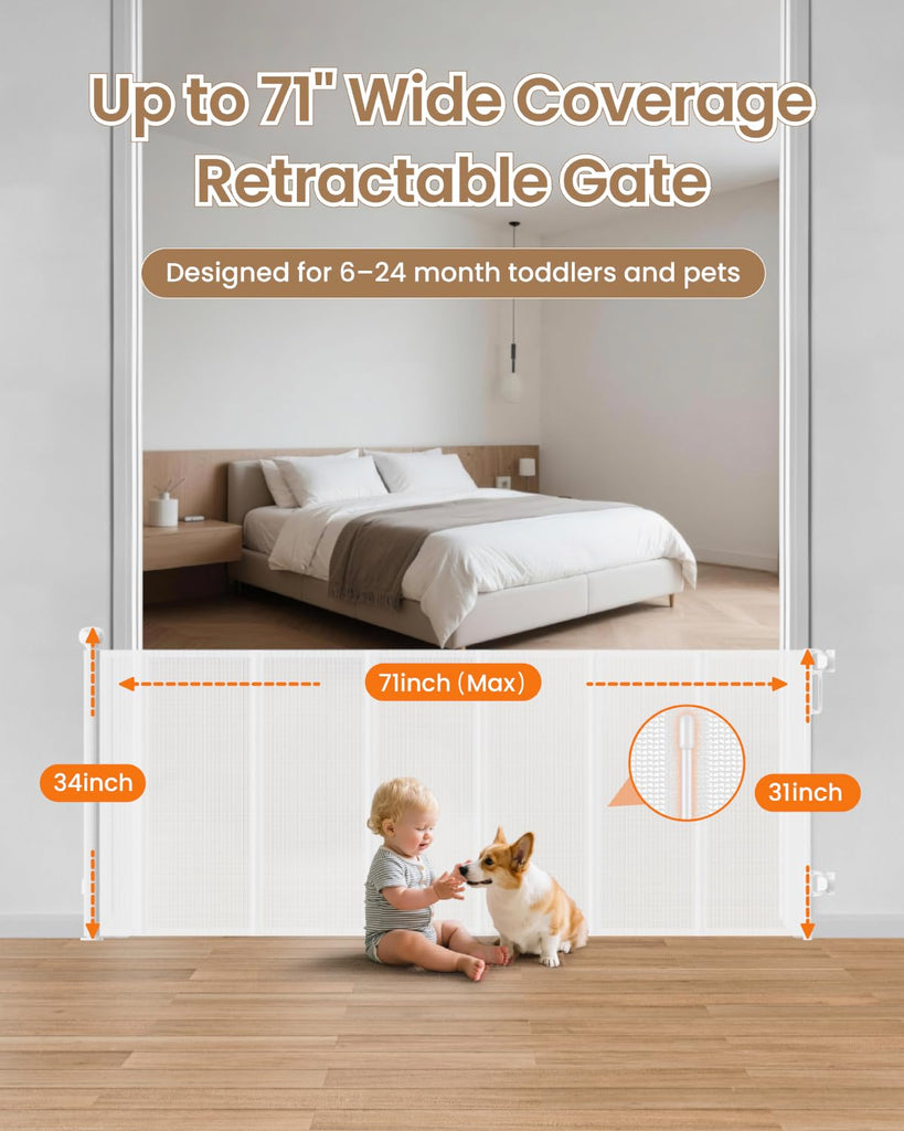 Baby Gate Mesh, 71" Wide 34" Tall Retractable Mesh Baby Gates