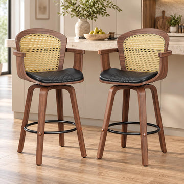 Rattan Barstools Set of 2, 26inch Counter Height Swivel Bar Chairs