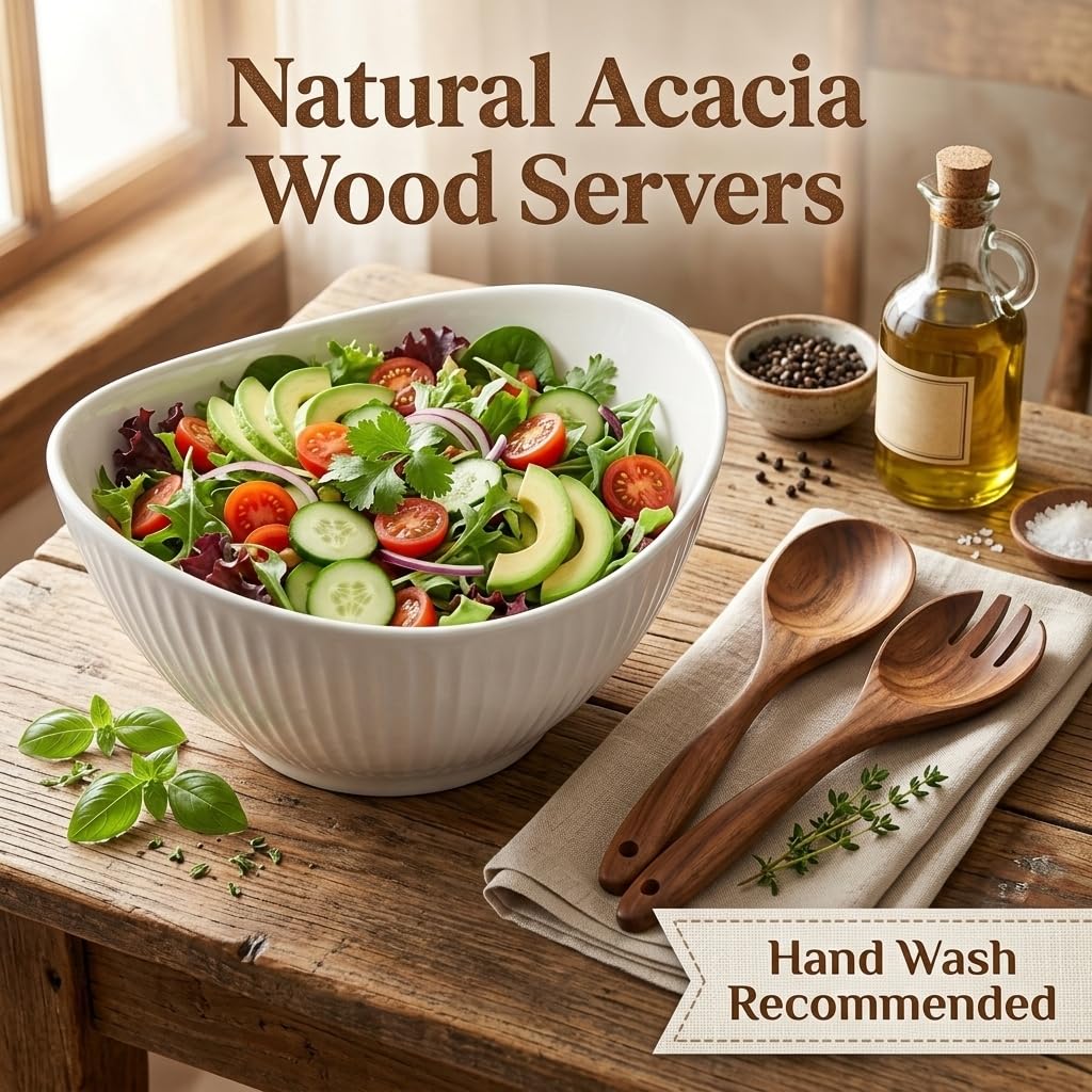 60oz Large Ceramic Salad Bowl with Acacia Wood Utensils, 10" Oval White Serving Bowl for Soup, Pasta, Fruit, Snacks