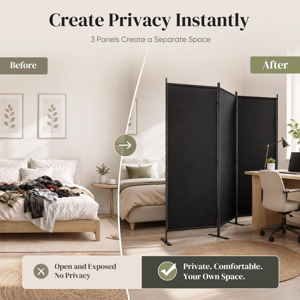 3 Panel Room Divider 100" W x 71" H Folding Privacy Screen, Black
