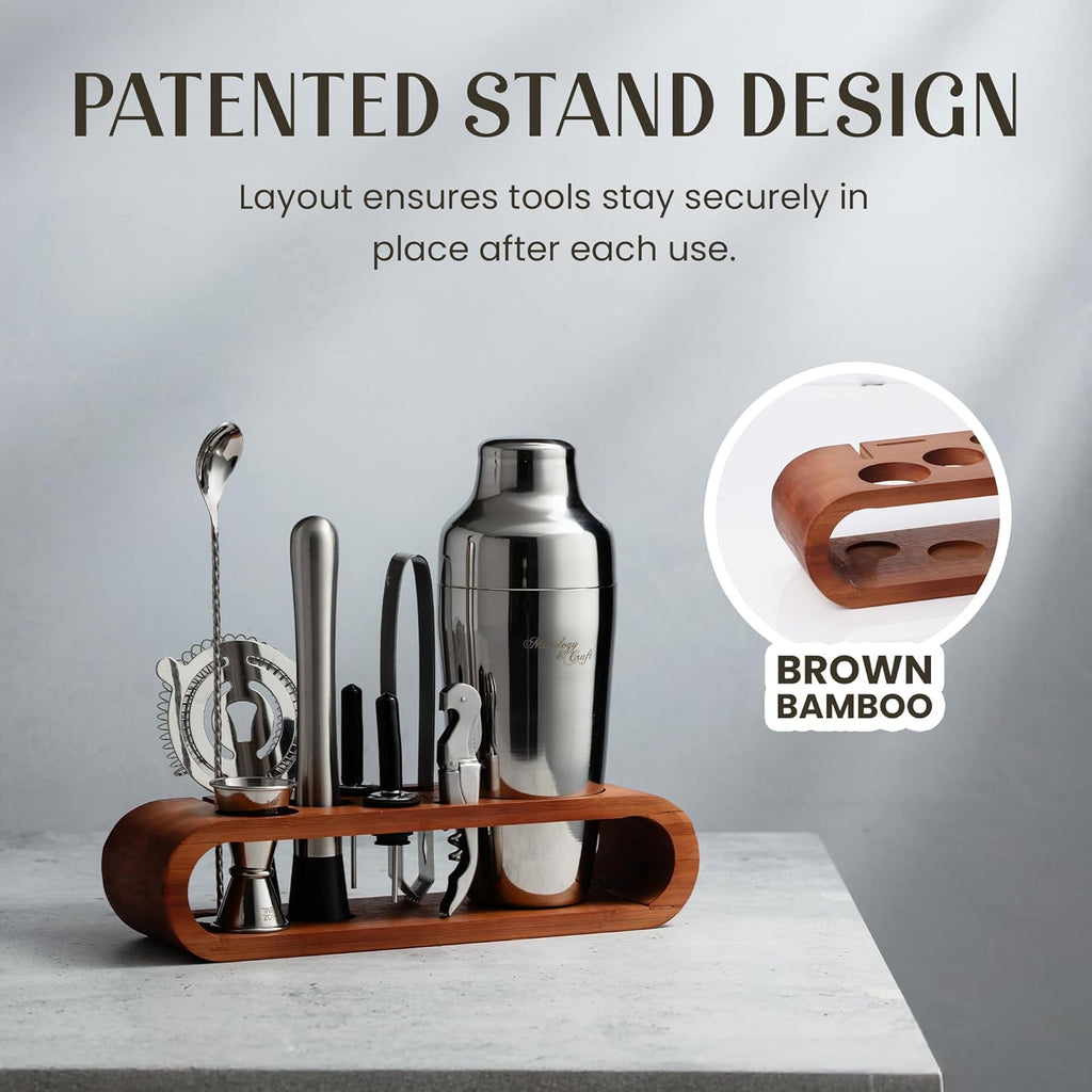 Cocktail Shaker Set with Dark Bamboo Stand - Professional 10-Piece Bartender Kit - Complete Bar Set & Cocktail Mixer