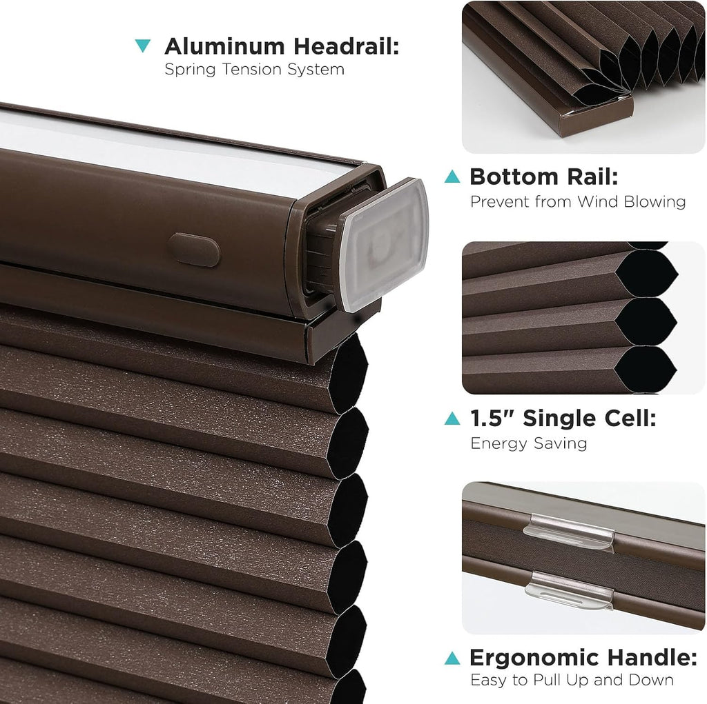 No Drill Blackout Cellular Shades, Brown, 22" W x 64" H | Cordless Top Down Bottom Up Blinds, No Drill Installation