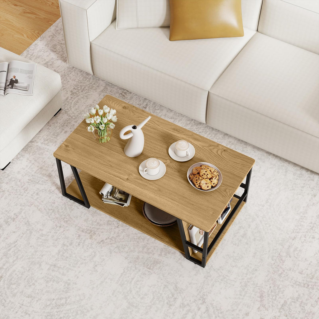 Modern Coffee Table with Storage, 2-Tier Wood Center Table, Oak