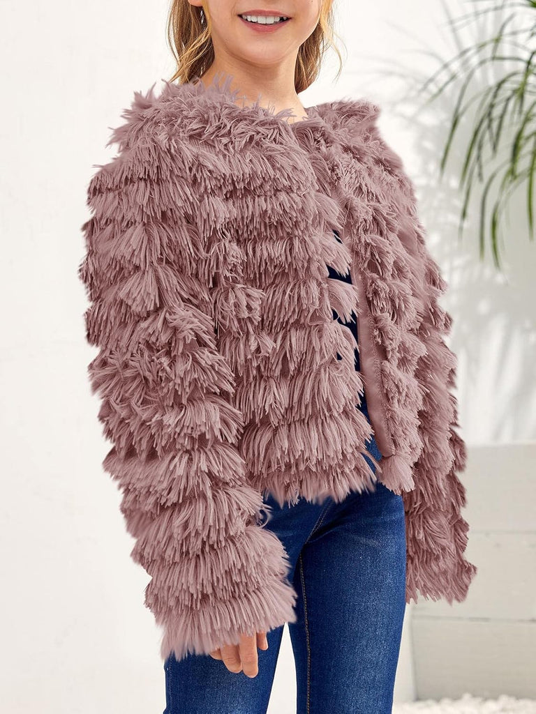 Girls Open Front Cardigan Faux Fur Coat Warm Fuzzy Trendy Winter Vintage Parka Shaggy Party Outerwear Jackets Tops
