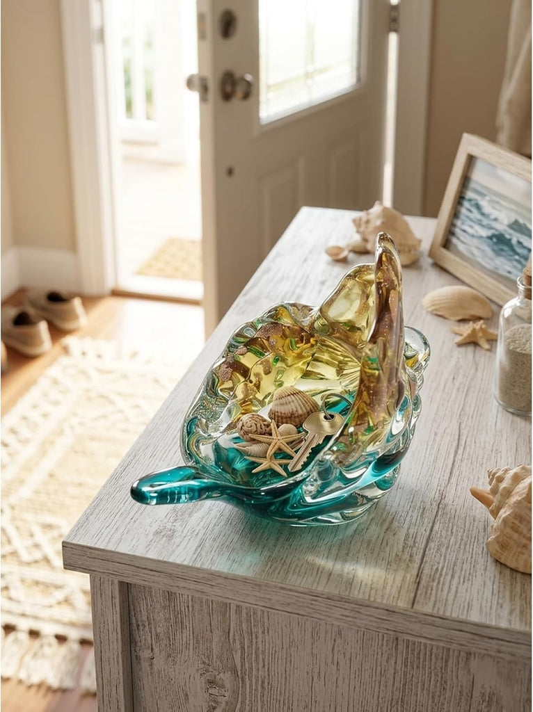 Hand Blown Sea Glass Decor Art - Large Glass Conch Shell, Beach Decorations, Coastal Bathroom & Bedroom Shelf Decor
