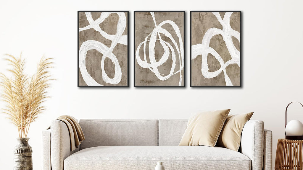 Framed Boho Wall Art Decor - Abstract Brown and White Line Painting Prints 32"x48" Set of 3 Modern Geometric Pictures