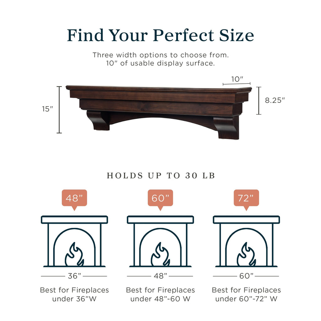 Salem Wood Mantel Shelf with Arched Corbels - Cinnamon 60 Inch | Wooden Rustic Wall Mounted Shelf from Pine Wood