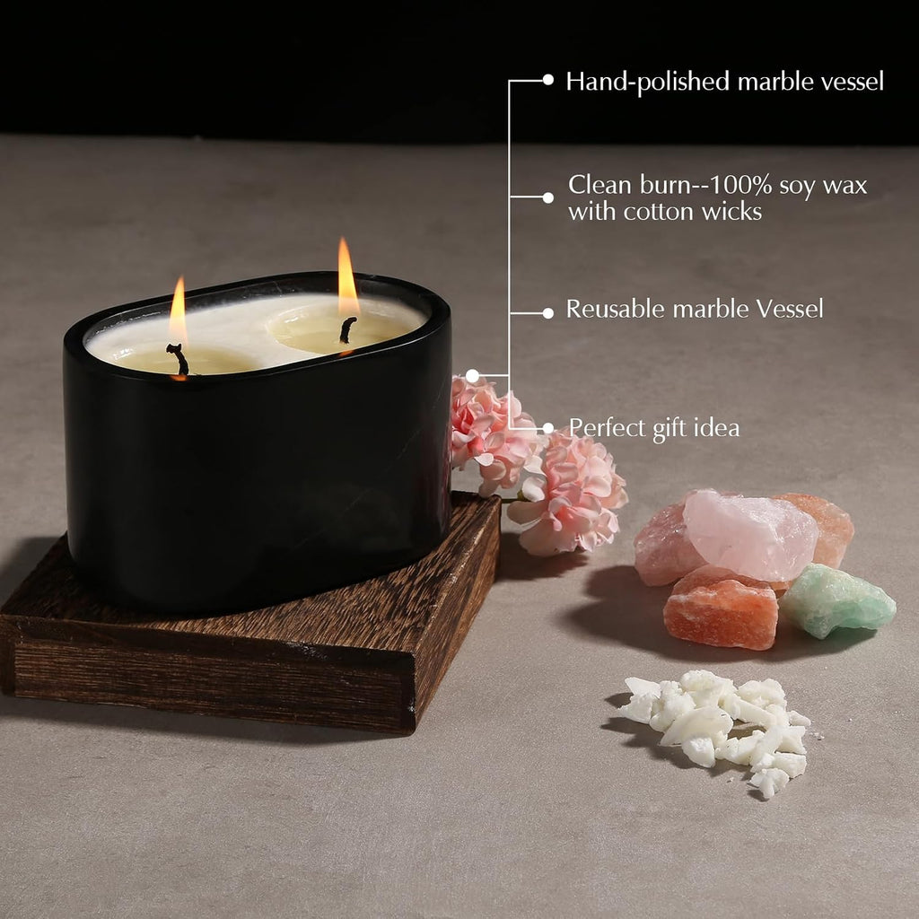 Scented Candle | Natural Black Marble Vessel |Soy Wax | 2 Cotton Wicks |Non Toxic | 10oz| 50 Hours| Warm Glow | Home