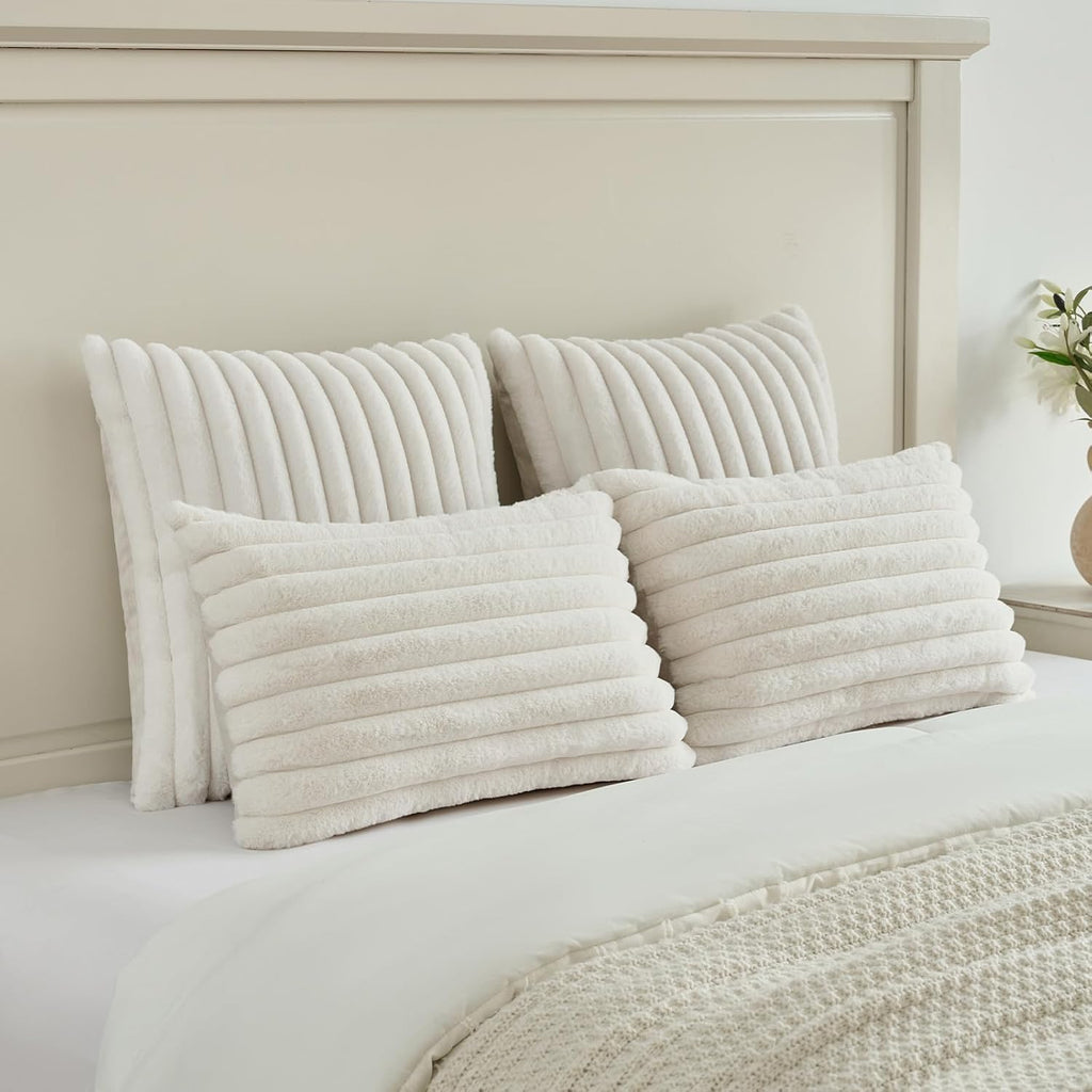 Pack of 2 Fluffy Faux Fur Throw Pillow Covers 26x26 Inch Elegant Striped Textured Decorative Euro Pillow Shams Modern