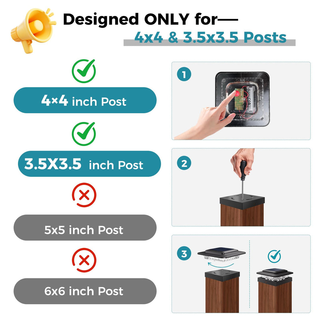 4x4 Solar Post Cap Lights Outdoor 16Pack- 3 Color Temperatures& 2 Level Brightness, IP65 Waterproof, 16 LED Black