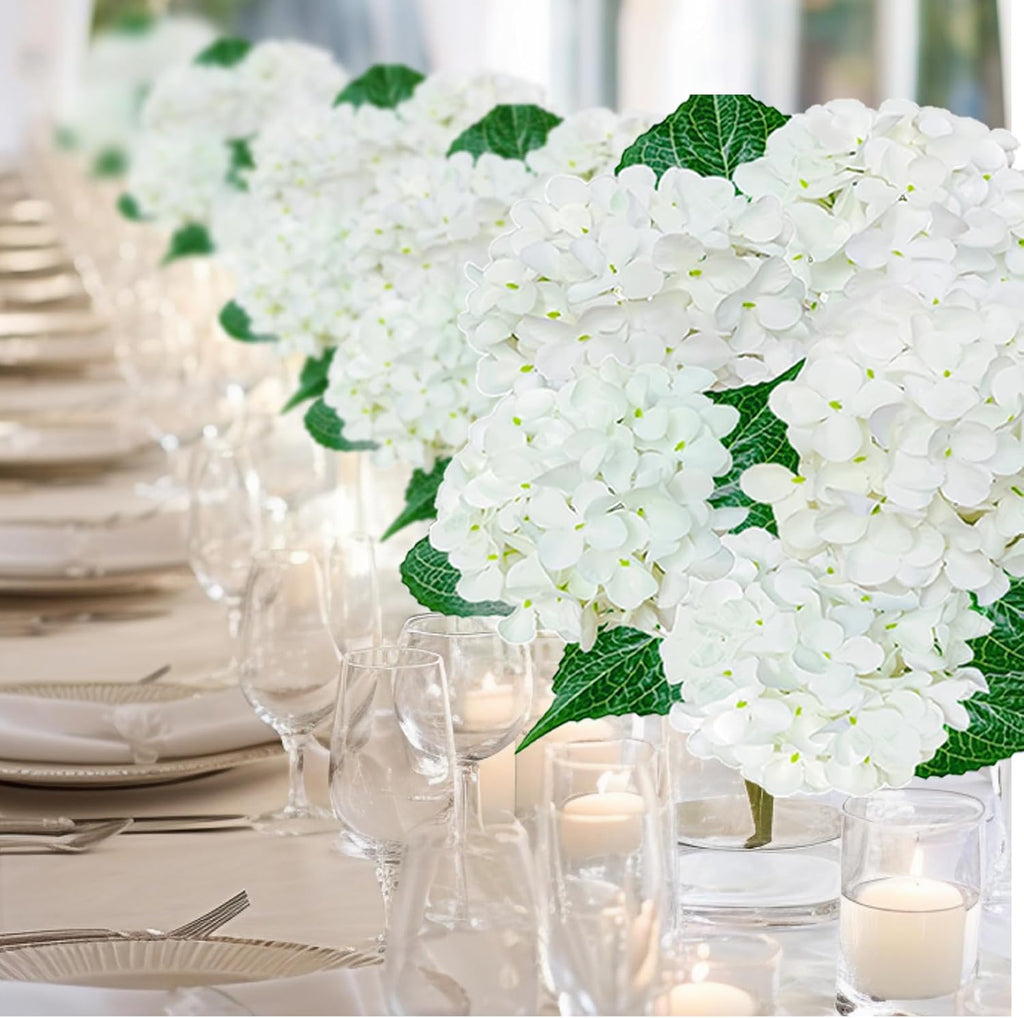 Premium White Hydrangea Artificial Flowers Bouquets, Ivory Silk Hydrangea Flowers Heads with Stems, Fake - Set of 6